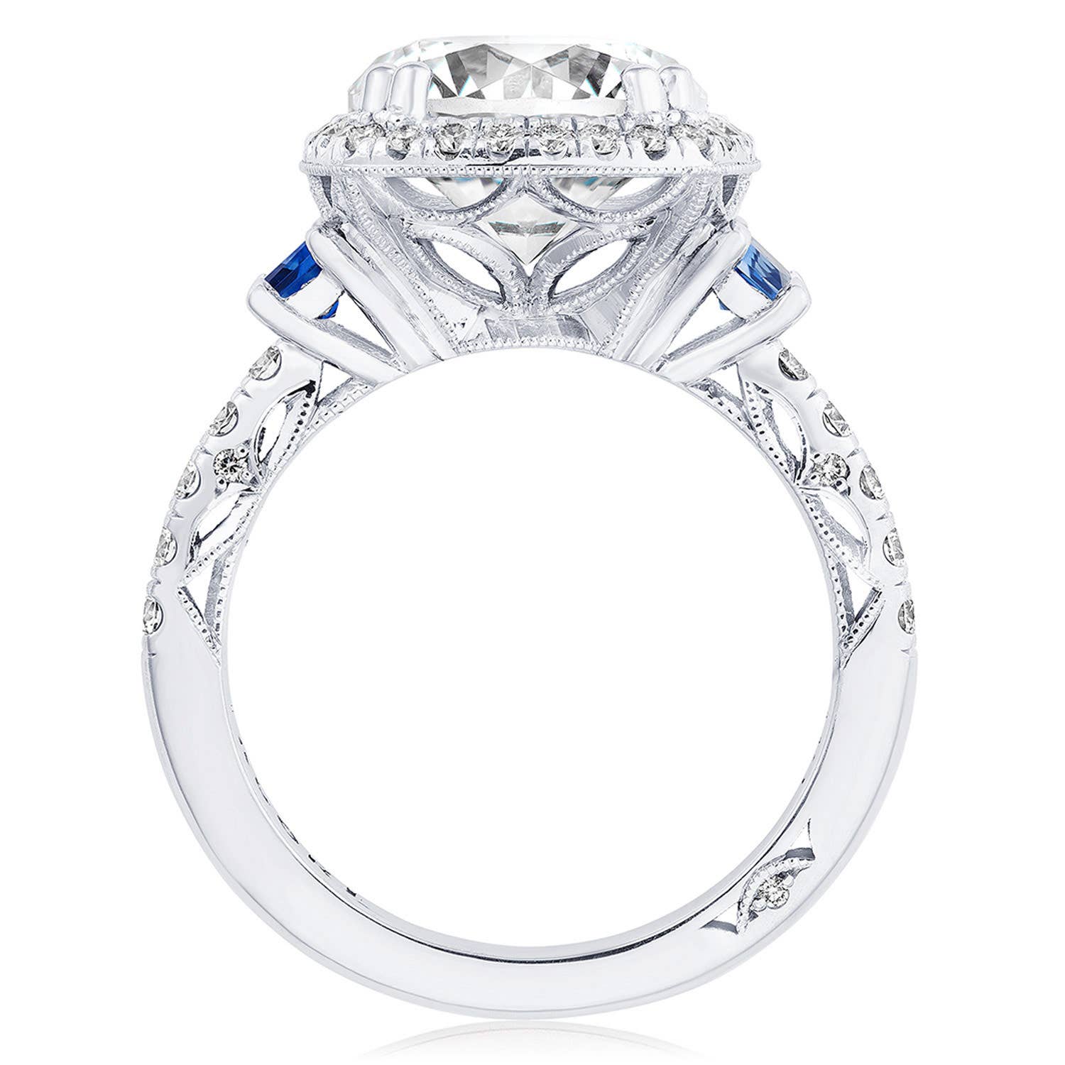 Dantela | Oval 3-Stone Engagement Ring with Blue Sapphire 269322OV125X9BS