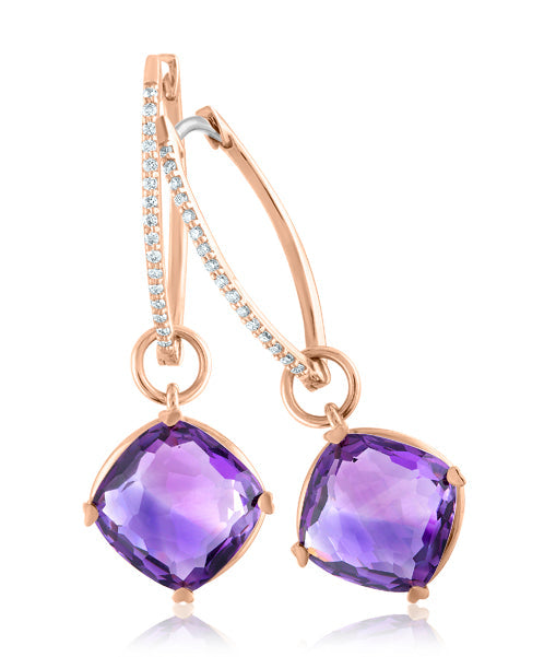 Amethyst Cushion Shaped Drops with Pear Shaped Diamond Hoops 323-JSA