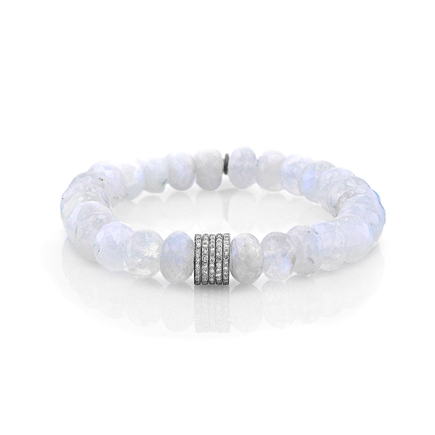 White Rainbow Moonstone Bead Bracelet with 5 Diamond Rondelles - 10mm  B0003451 - TBird