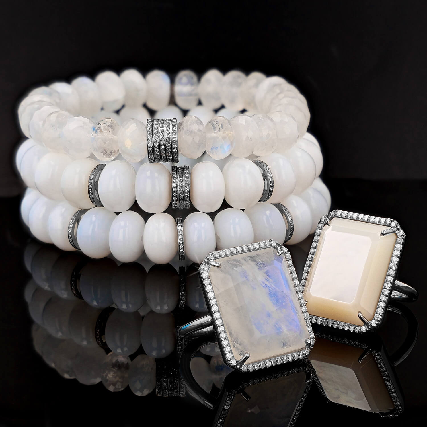 White Rainbow Moonstone Bead Bracelet with 5 Diamond Rondelles - 10mm  B0003451 - TBird