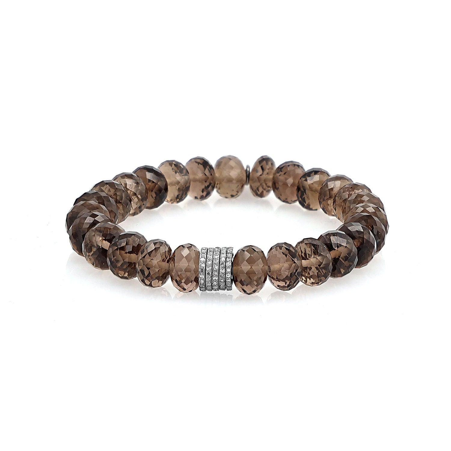 Smokey Quartz Faceted Bead Bracelet with 5 Diamond Rondelles - 10mm : B0003563 - TBird