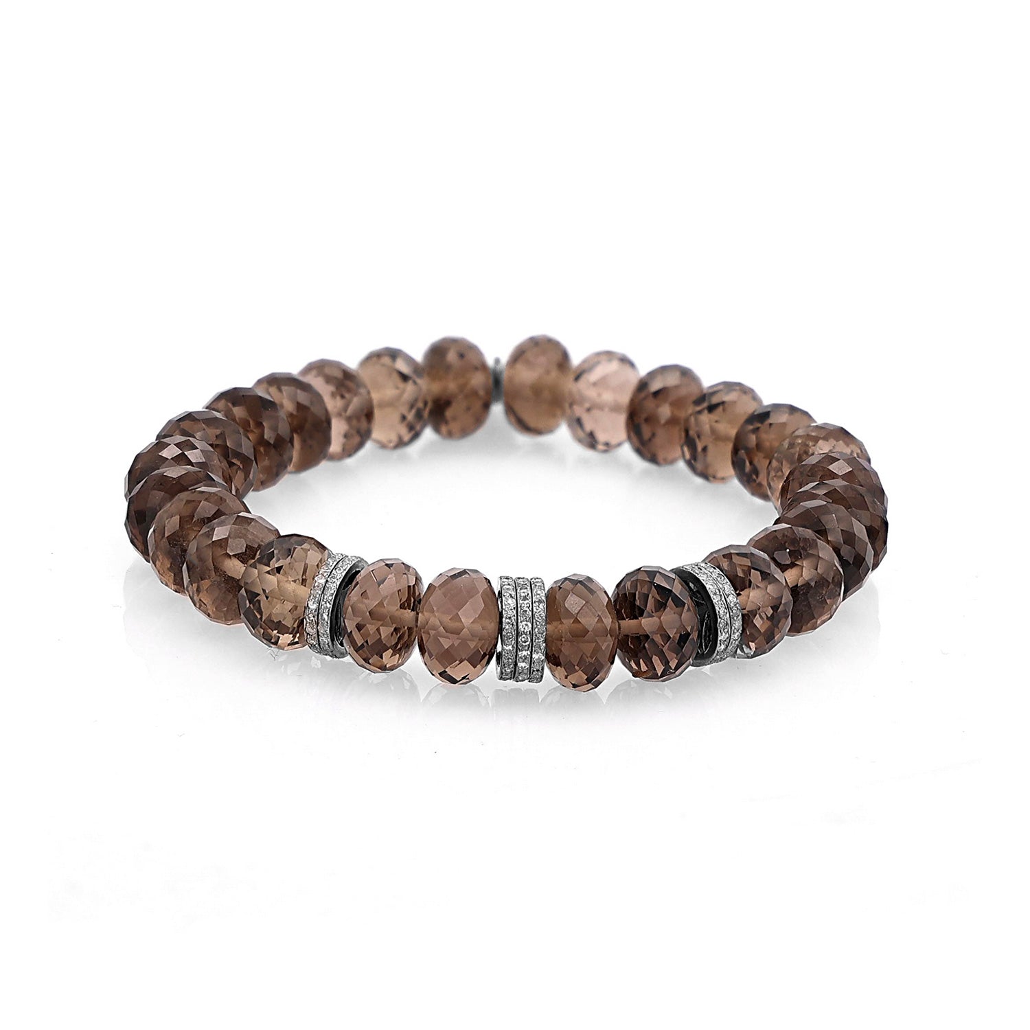 Smokey Quartz Faceted Bead Bracelet with 7 Diamond Rondelles - 10mm : B0003564 - TBird