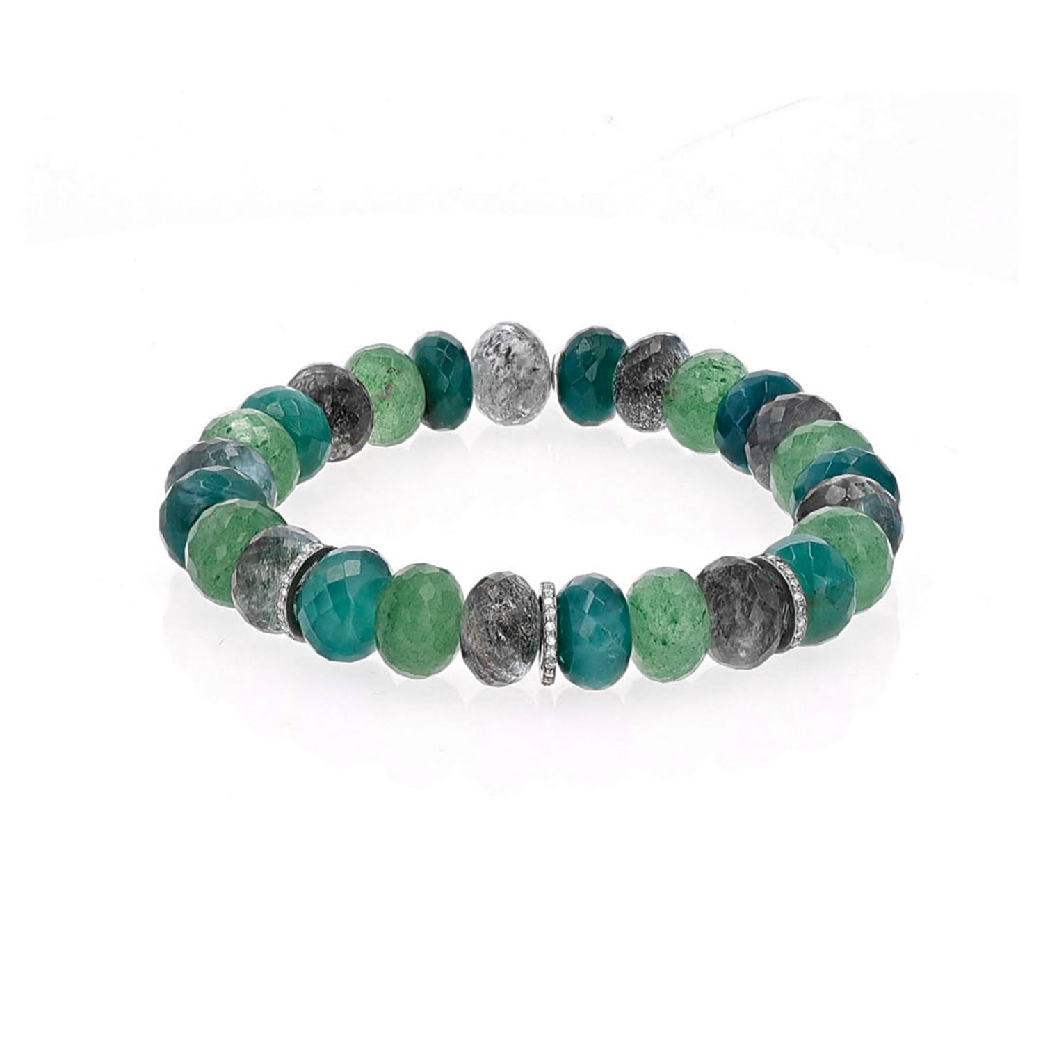 Green Aqua Smoky Mix Faceted Bead Bracelet with 3 Diamond Rondelles - 10mm : B0003567 - TBird