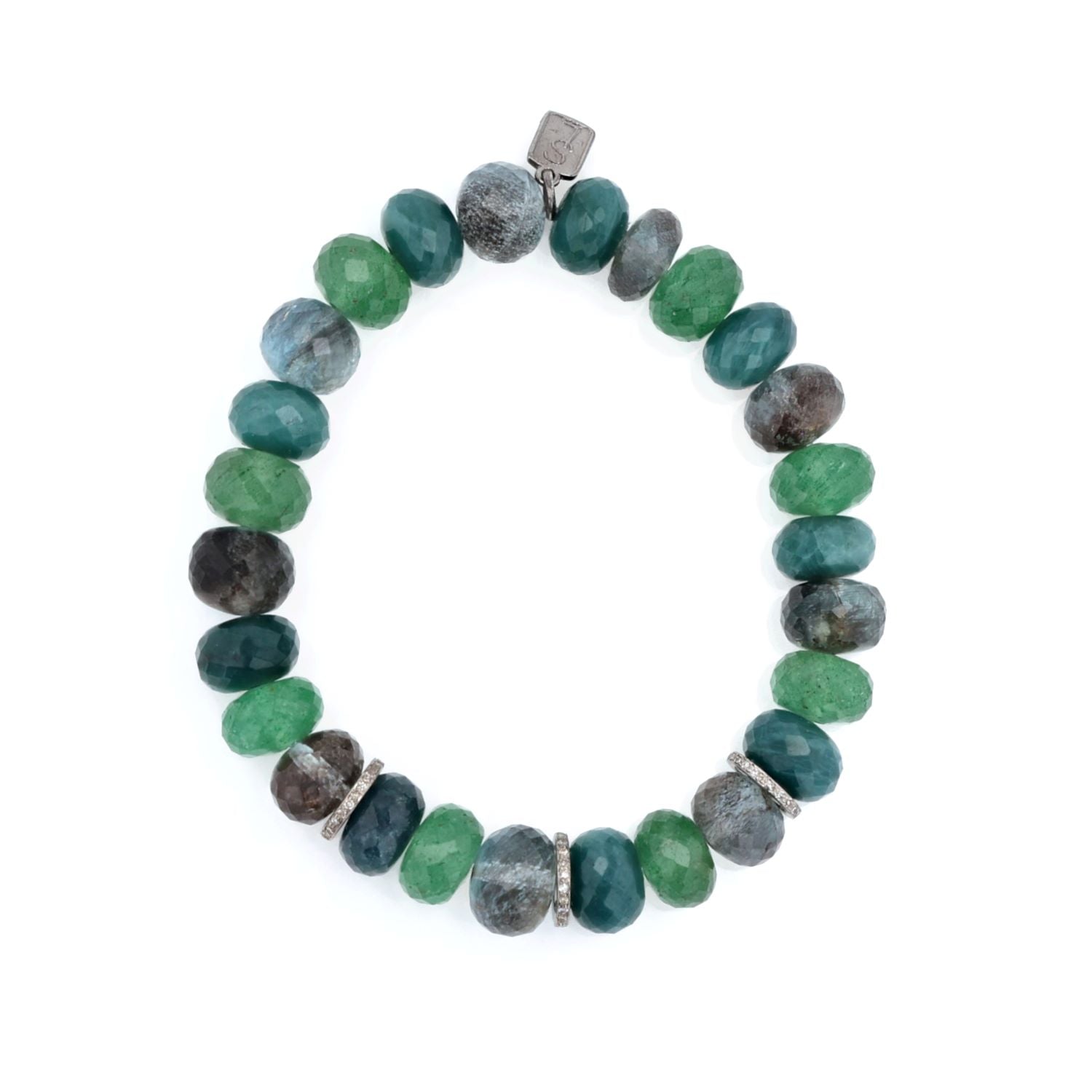 Green Aqua Smoky Mix Faceted Bead Bracelet with 3 Diamond Rondelles - 10mm : B0003567 - TBird