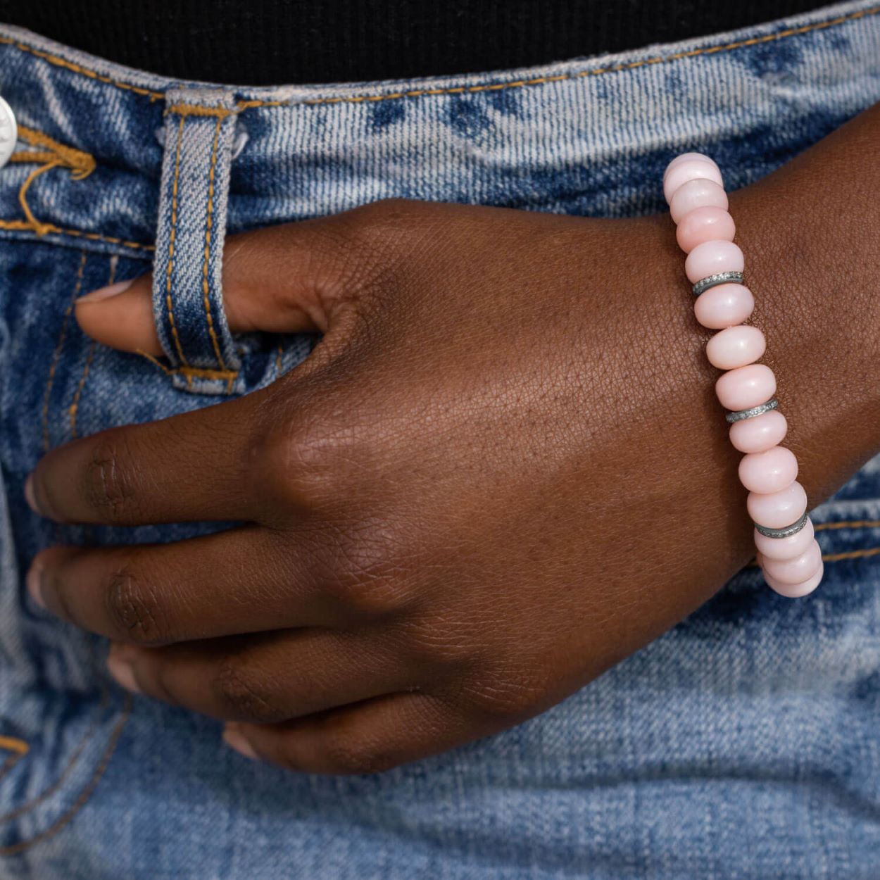 Pink Opal Rondelle Bracelet with 3 Diamond Rondelles - 10mm  B0003684 - TBird