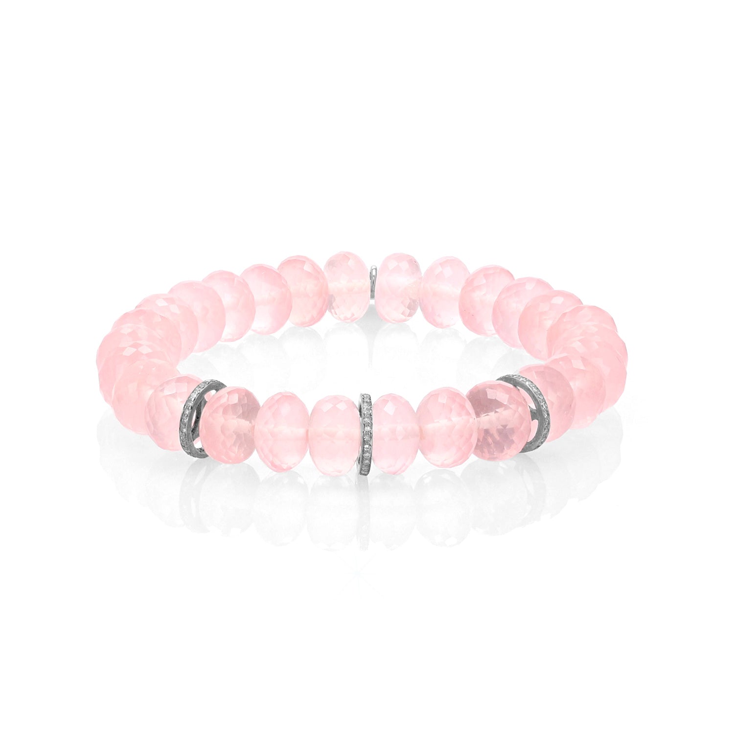 Rose Quartz Faceted Rondelle Bracelet with 3 Diamond Rondelles - 10mm  B0003686 - TBird