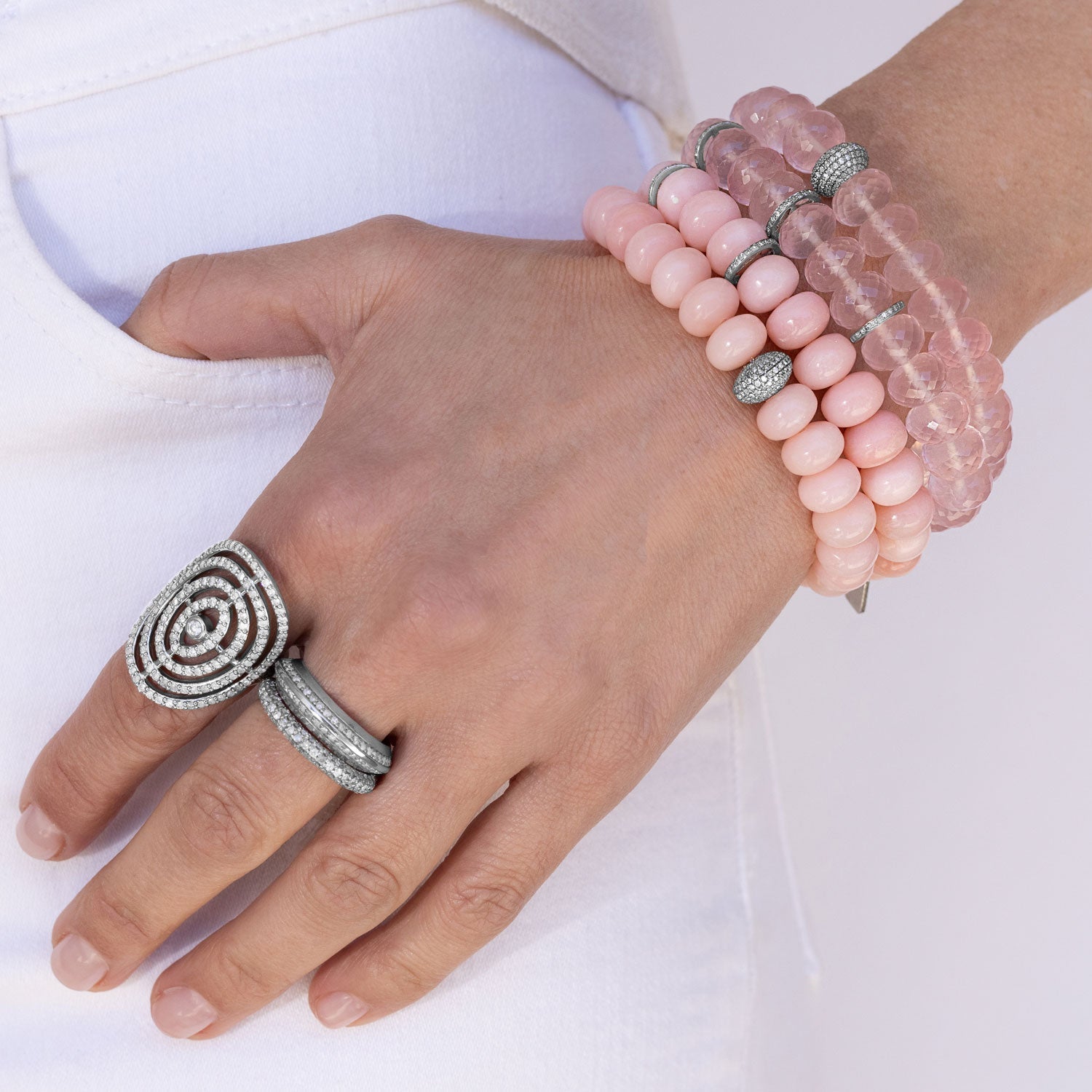 Rose Quartz Faceted Rondelle Bracelet with 3 Diamond Rondelles - 10mm  B0003686 - TBird