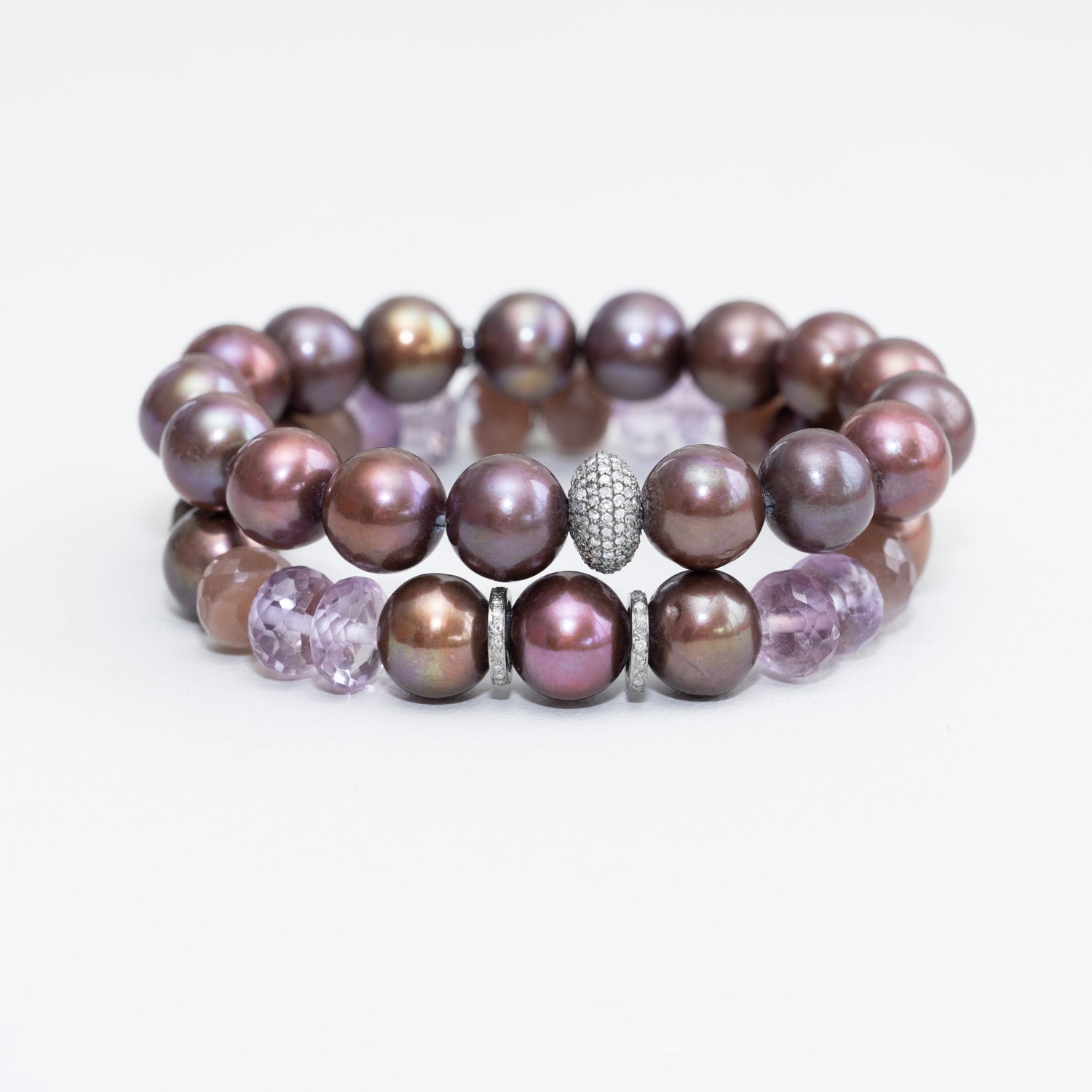 Purple & Chocolate Pearl Amethyst Mix Bracelet with 2 Diamond Rondelles - 10mm : B0003813 - TBird