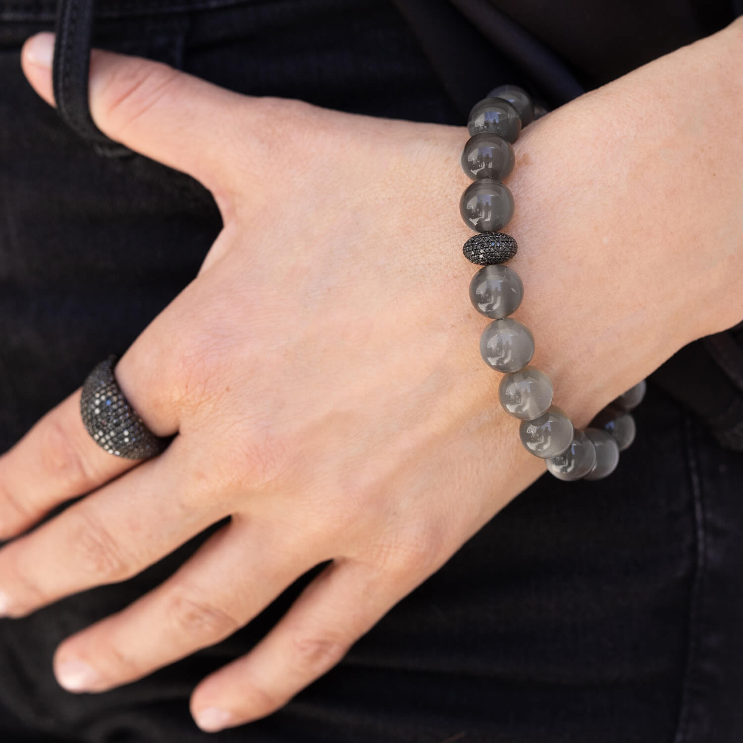 Grey Moonstone Bracelet with Black Diamond Donut Bead - 10mm BB000080 - TBird