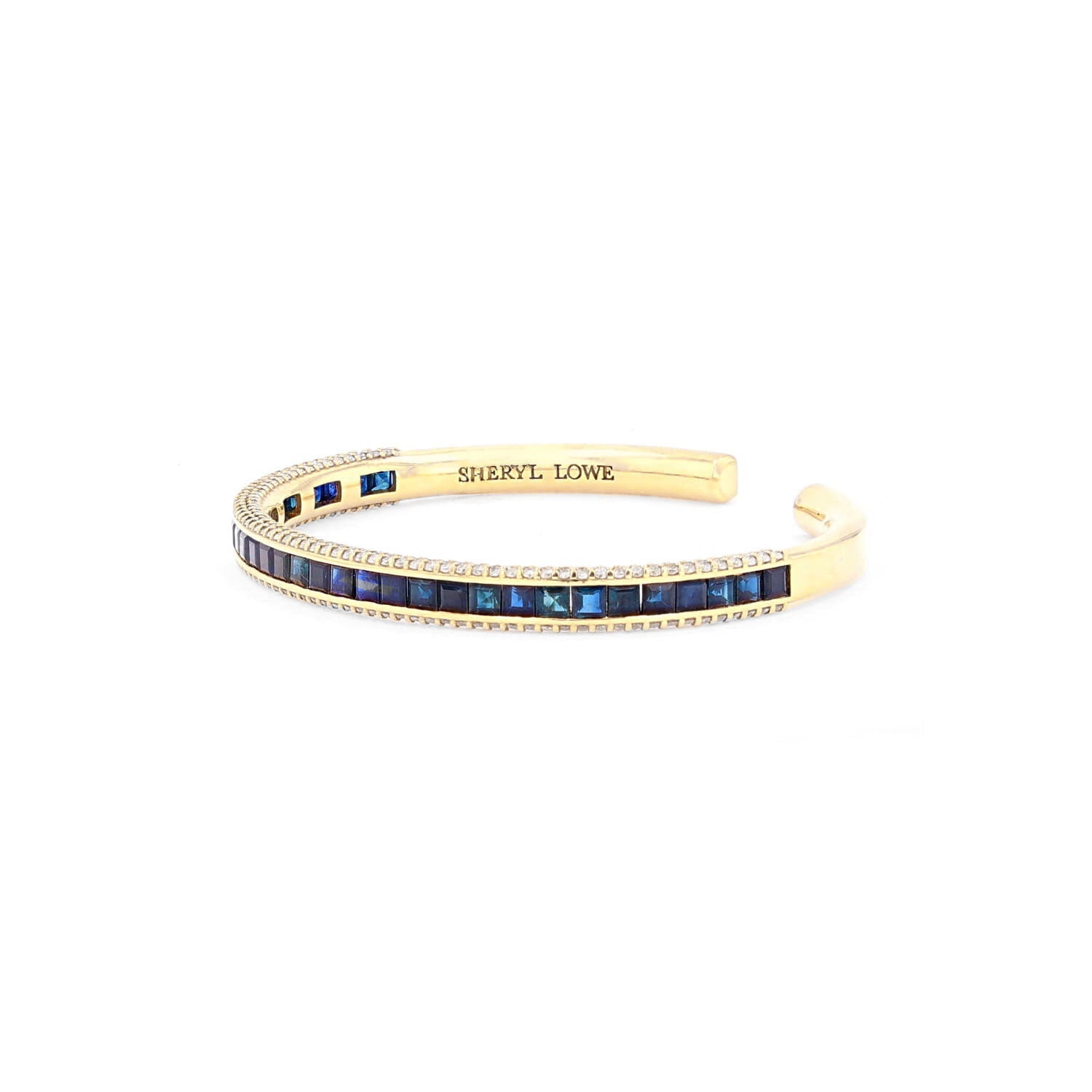 14k Yellow Gold Cuff Bracelet with Princess Cut Sapphires and Diamonds  BG000496 - TBird
