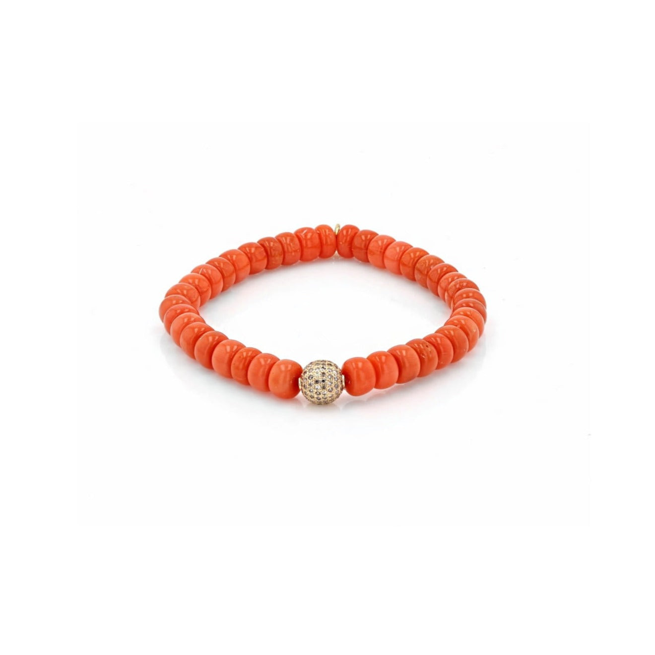 Orange Coral Bead Bracelet with 14K Gold Pave Diamond Ball : BG000750 - TBird
