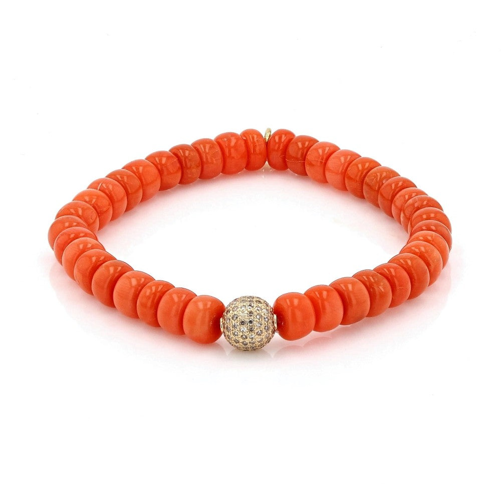 Orange Coral Bead Bracelet with 14K Gold Pave Diamond Ball : BG000750 - TBird