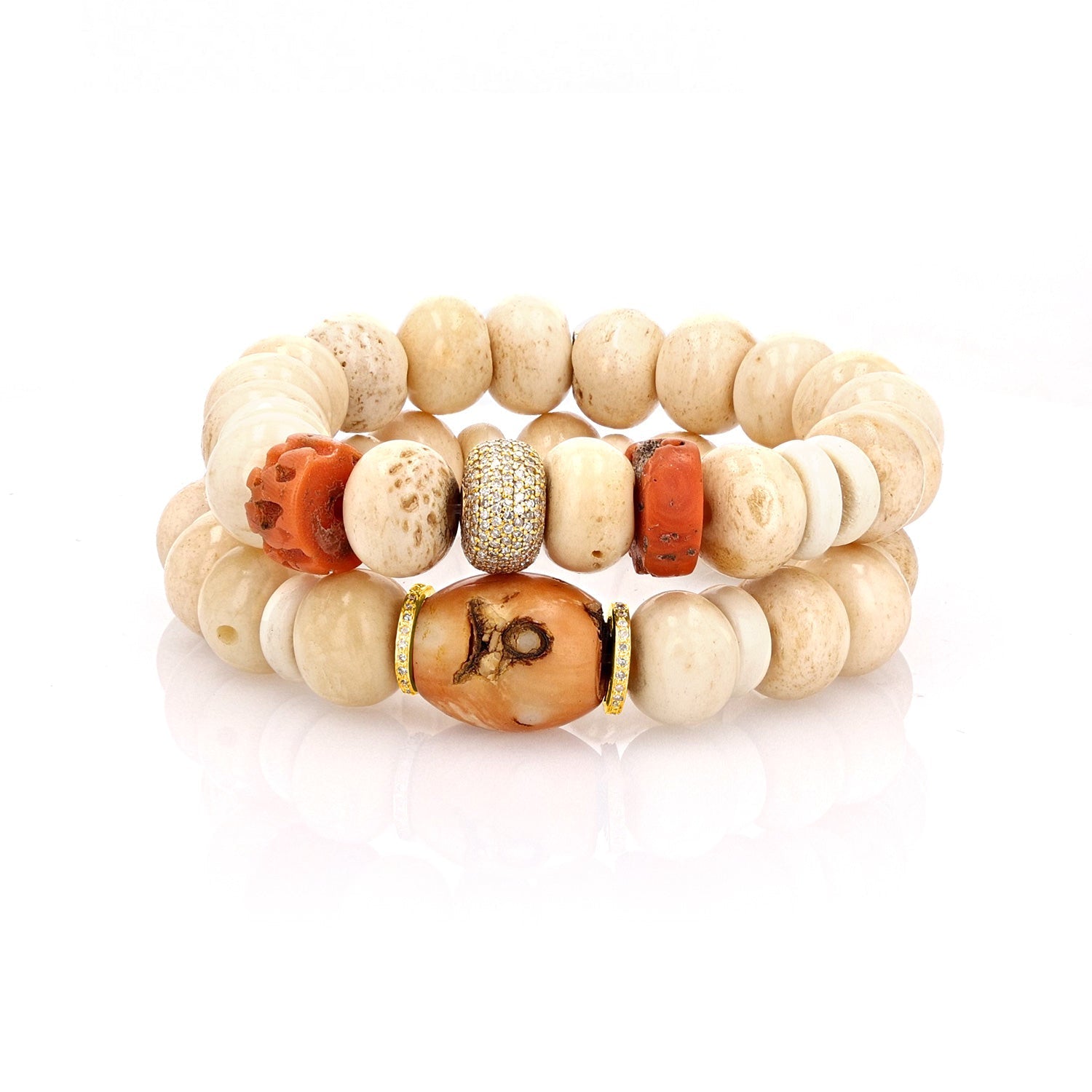 14k Antique Tibetan Bone and Coral Barrel Bracelet with Diamond Rondelles  BG001002 - TBird