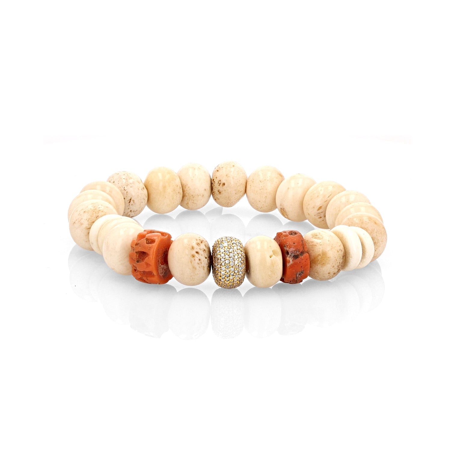 14k Antique Tibetan Bone and Coral Bracelet with Diamond Donut - 12mm  BG001003 - TBird