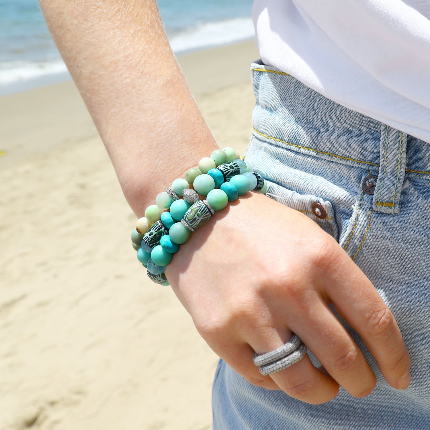 Cabrillo Beach Stack - Amazonite, Turquoise, Aquamarine, African Bead  BNDL16 - TBird