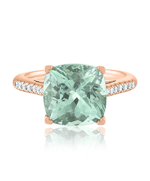 Green Quartz Cushion Ring with Diamonds 303-JSA