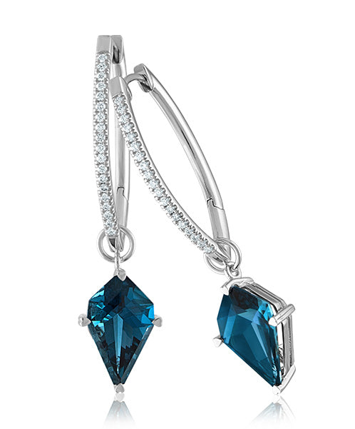 Kite Shaped Blue Topaz Drops on Elongated Diamond Hoops 336-JSA