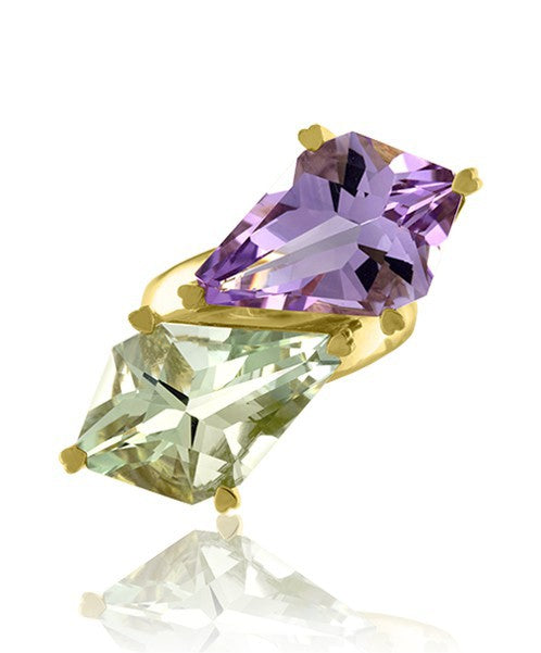 Kite Shaped Green Quartz and Amethyst Bi-Pass Ring 324-JSA