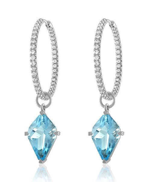 Kite Shaped Sky Blue Topaz Drops on Diamond Hoops 333-JSA