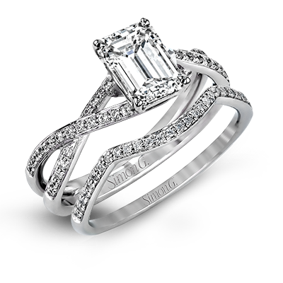 Emerald-cut Criss-cross Engagement Ring & Matching Wedding Band in 18k Gold with Diamonds MR1394-EM