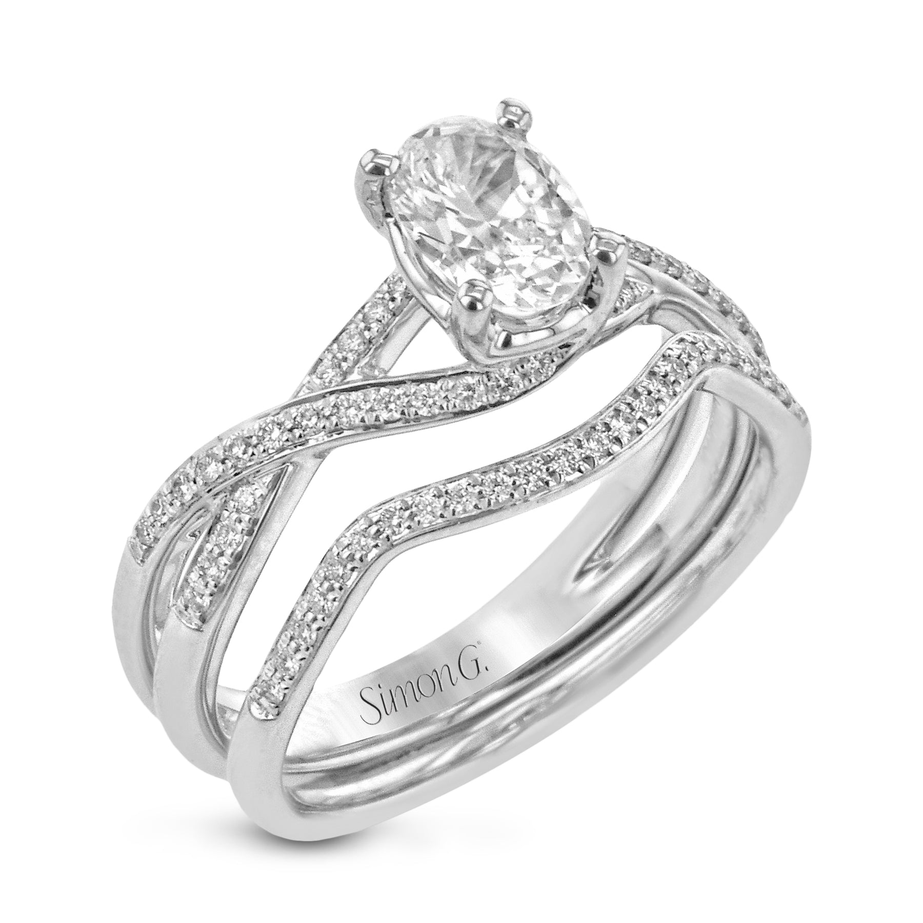 Oval-cut Criss-cross Engagement Ring & Matching Wedding Band in 18k Gold with Diamonds MR1394-OV