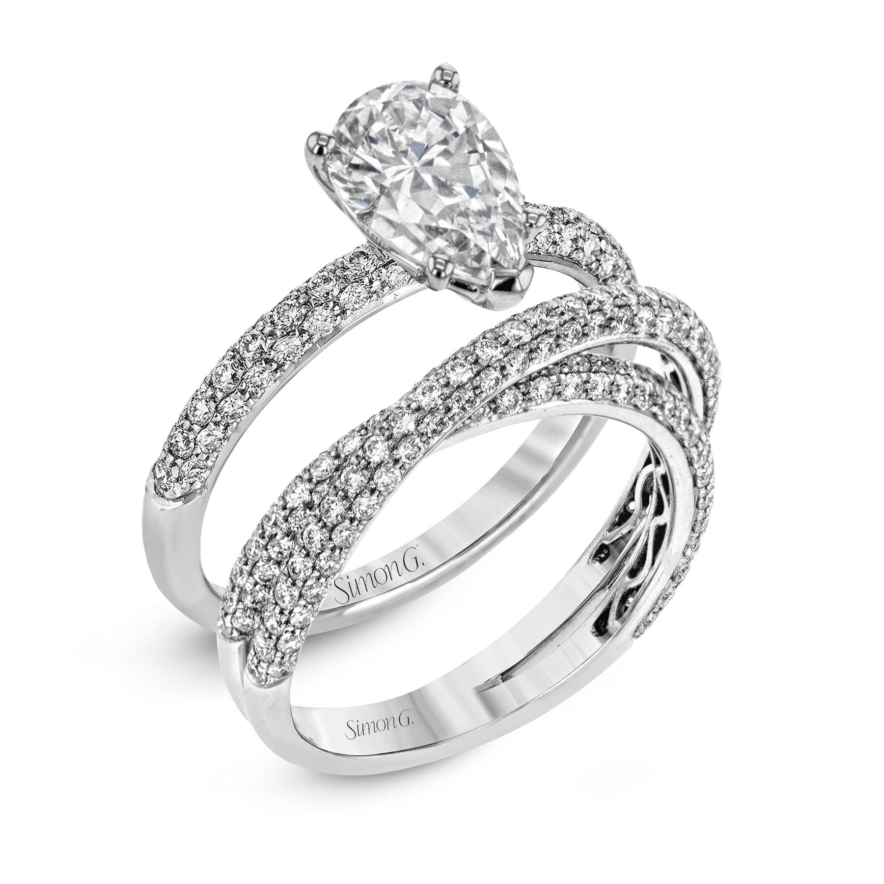 Pear-cut Criss-cross Engagement Ring & Matching Wedding Band in 18k Gold with Diamonds MR1577-PR