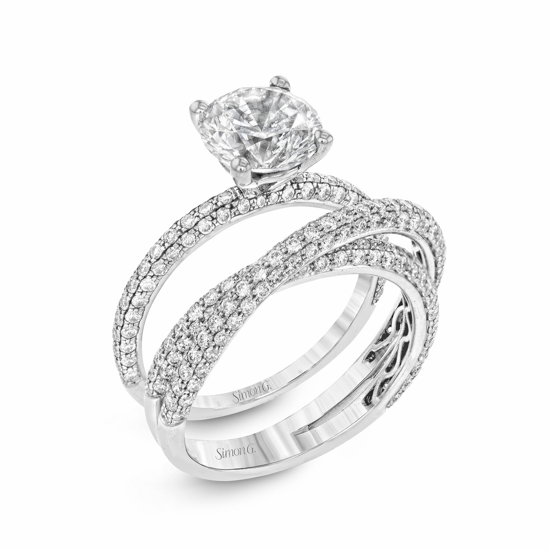 Round-cut Criss-cross Engagement Ring & Matching Wedding Set in 18k Gold with Diamonds MR1577-D