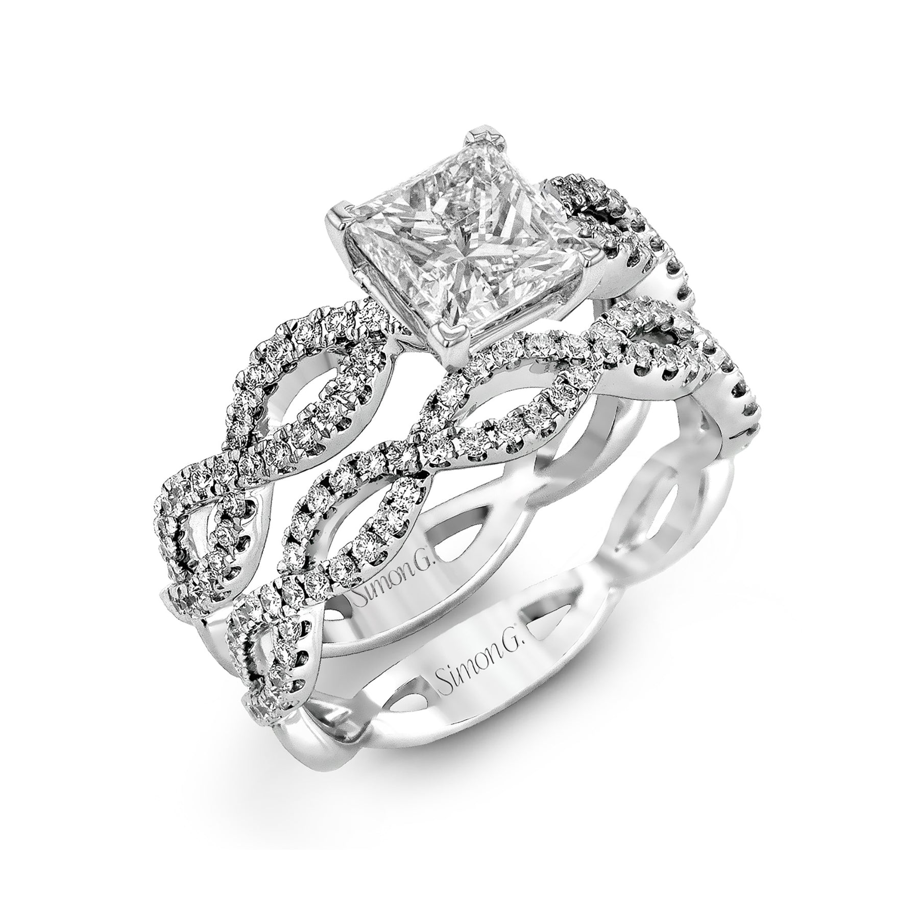 Princess-cut Criss-cross Engagement Ring & Matching Wedding Band in 18k Gold with Diamonds MR1596-PC