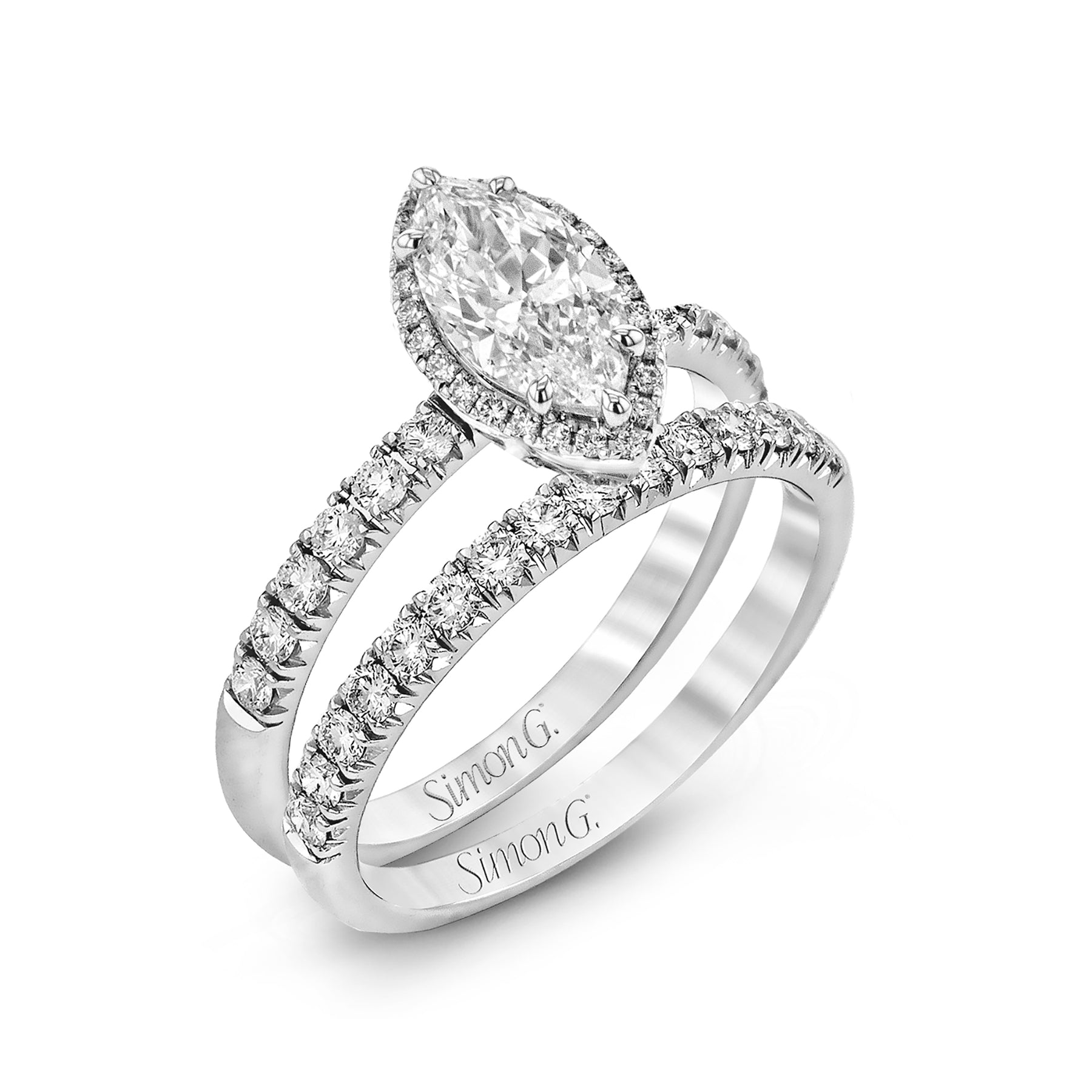 Marquise-cut Halo Engagement Ring & Matching Wedding Band in 18k Gold with Diamonds MR2132-MQ