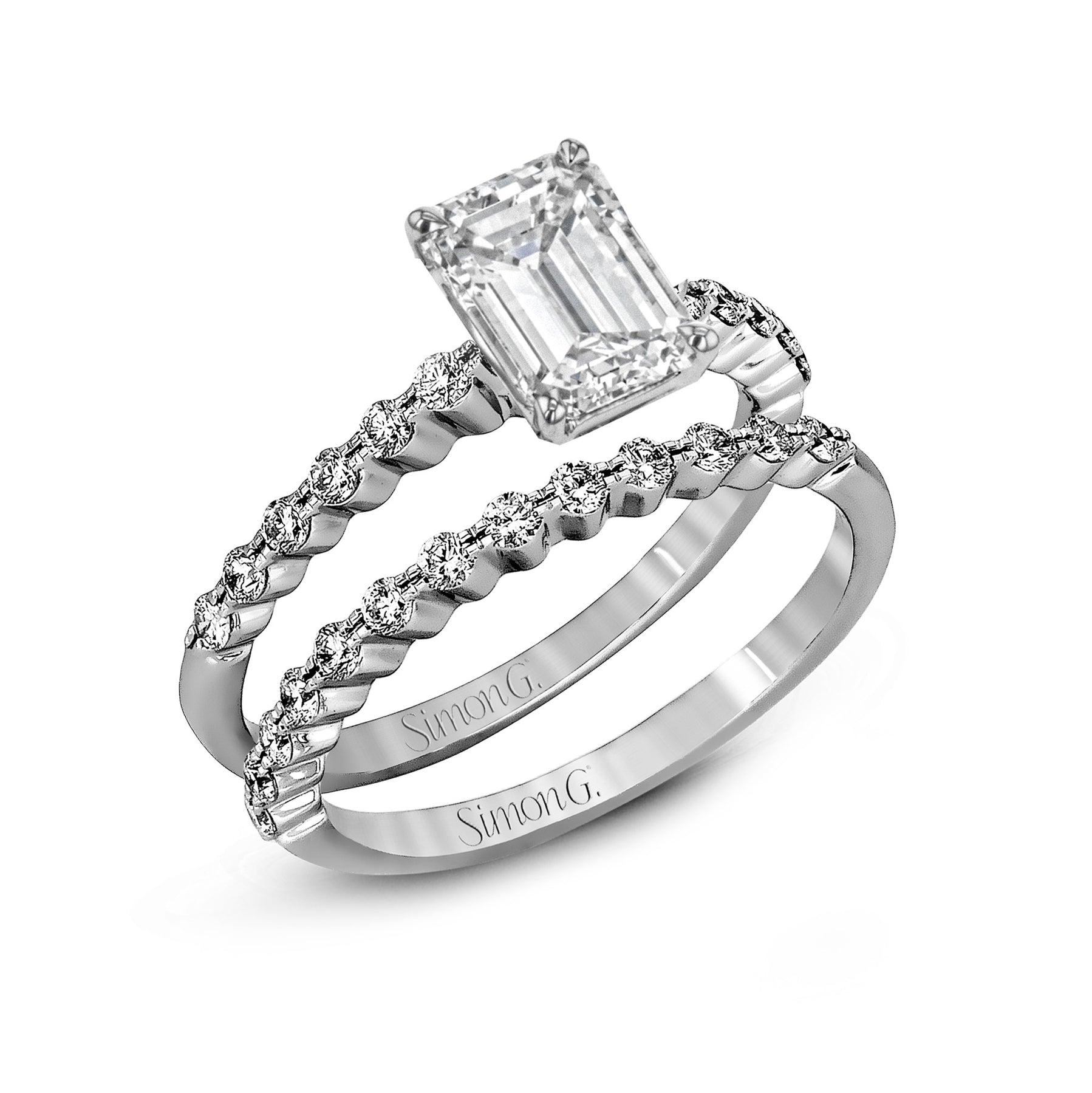 Emerald-cut Engagement Ring & Matching Wedding Band in 18k Gold with Diamonds MR2173-D-EM