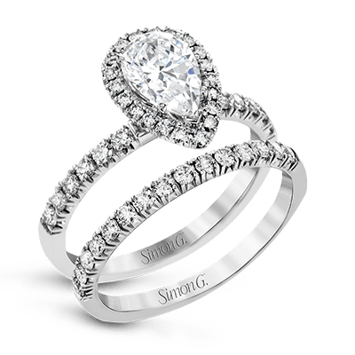 Pear-cut Halo Engagement Ring & Matching Wedding Band in 18K Gold with Diamonds MR2906