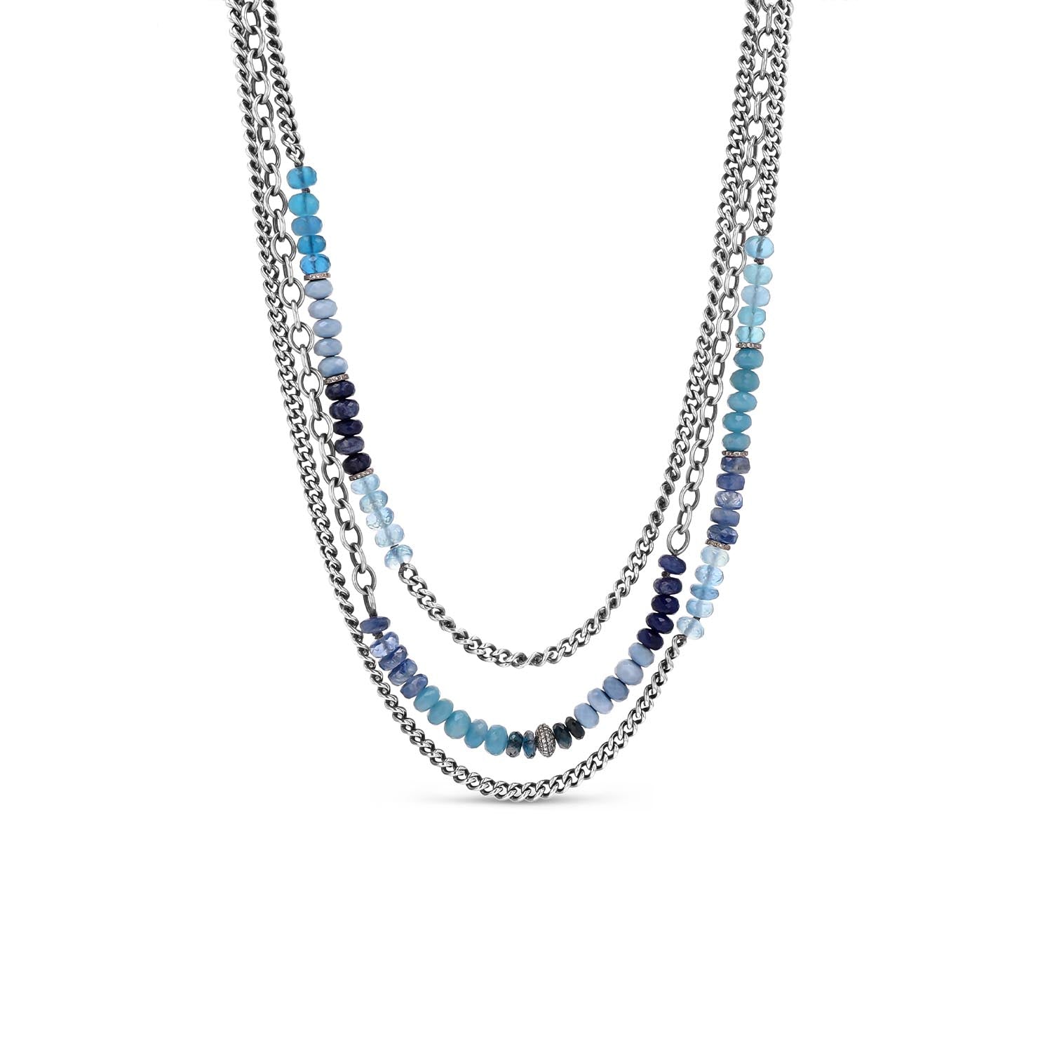 Ocean Reverence Blue Bead & Multi Chain Layer Necklace with Pave Diamond Beads  N0002789 - TBird