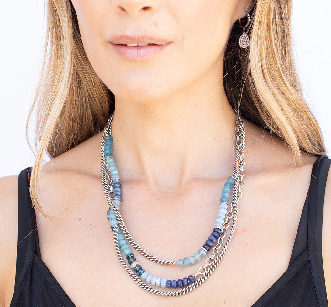 Ocean Reverence Blue Bead & Multi Chain Layer Necklace with Pave Diamond Beads  N0002789 - TBird