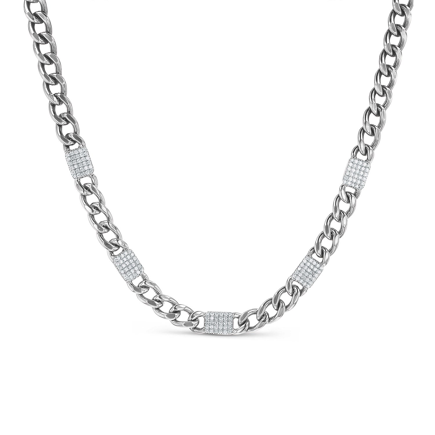 Flat Curb Chain Necklace with Diamond Tile Stations N0002821 - TBird