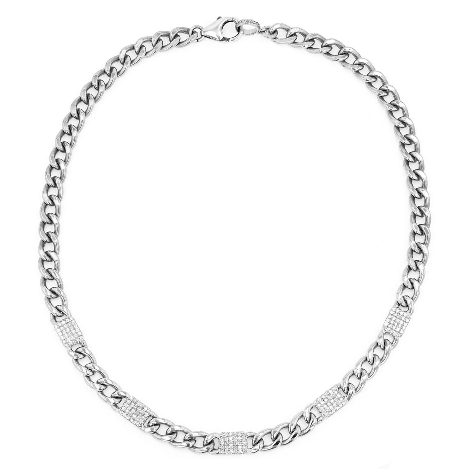 Flat Curb Chain Necklace with Diamond Tile Stations N0002821 - TBird