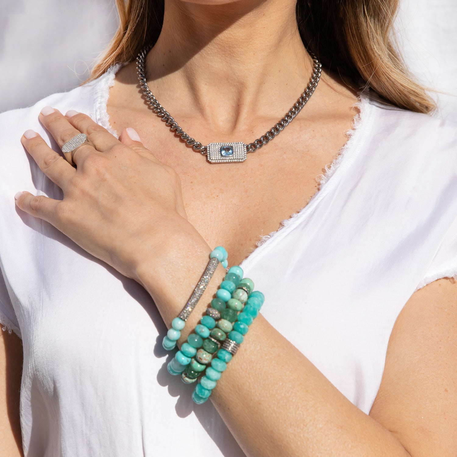 Aquamarine & Pave Diamond Pendant Chain Necklace - 16"  N0002879 - TBird