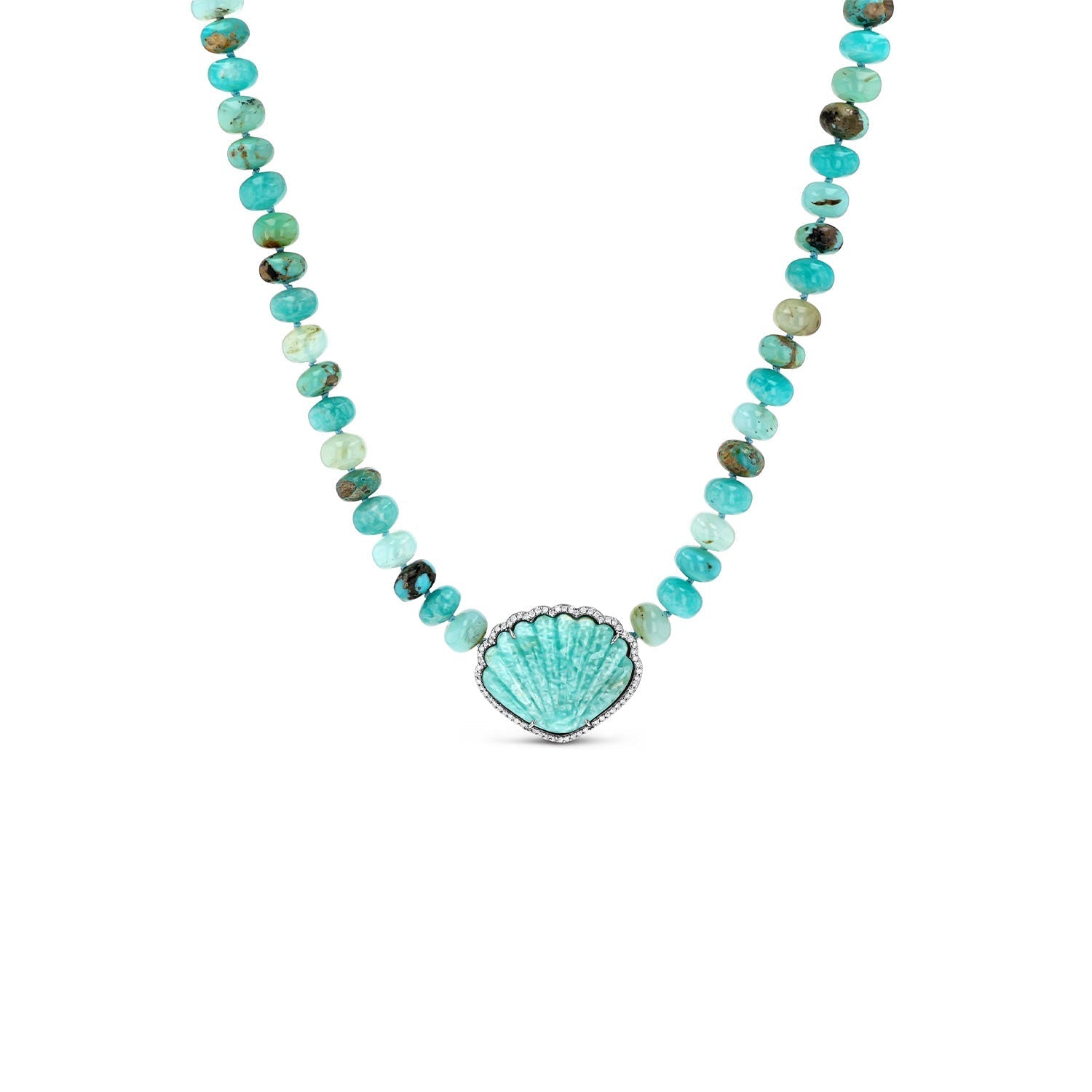 Amazonite Shell Pendant on Blue Mix Knotted Necklace - 16"  N0002994 - TBird