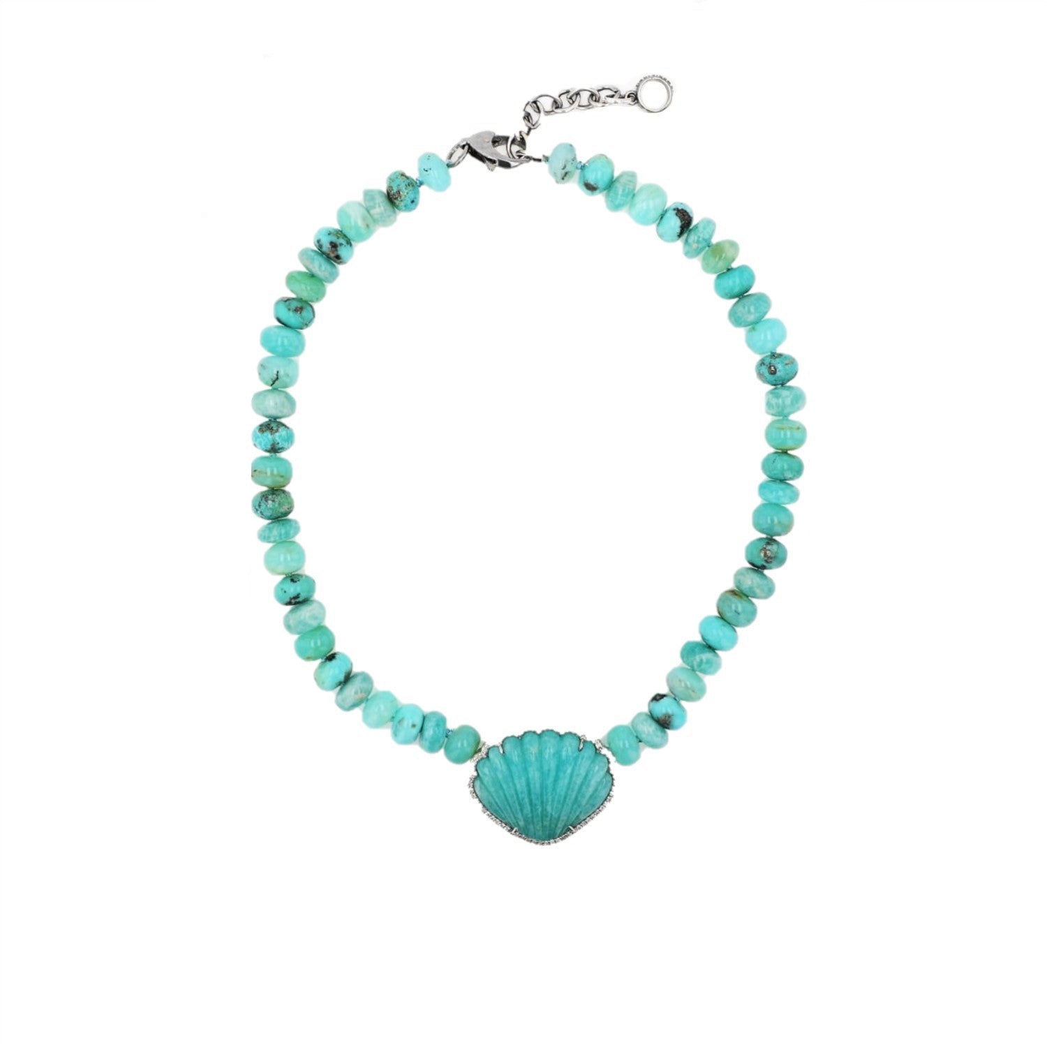 Amazonite Shell Pendant on Blue Mix Knotted Necklace - 16"  N0002994 - TBird