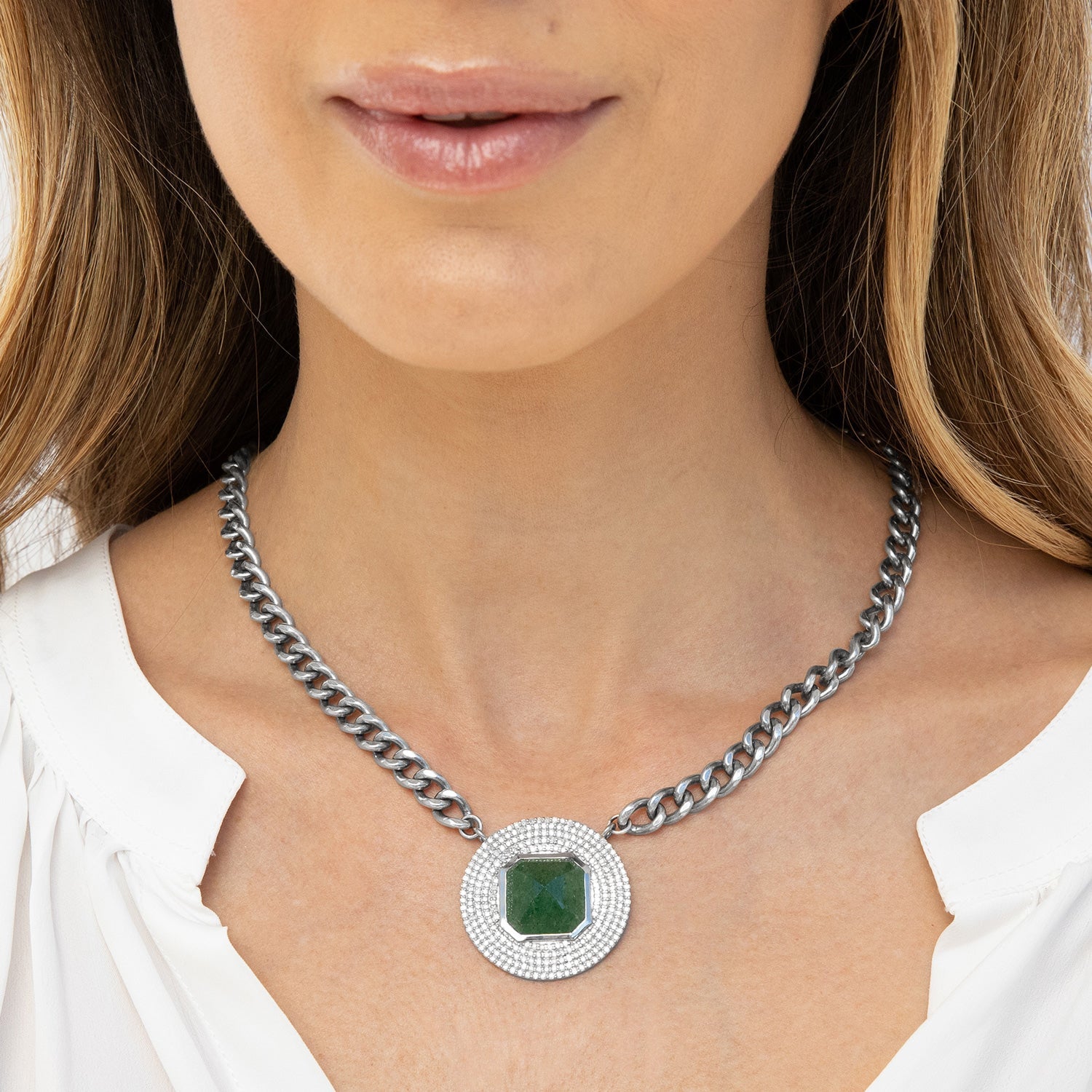 Green Quartz & Pave Diamond Pendant Curb Chain Necklace - 18"  N0002998 - TBird