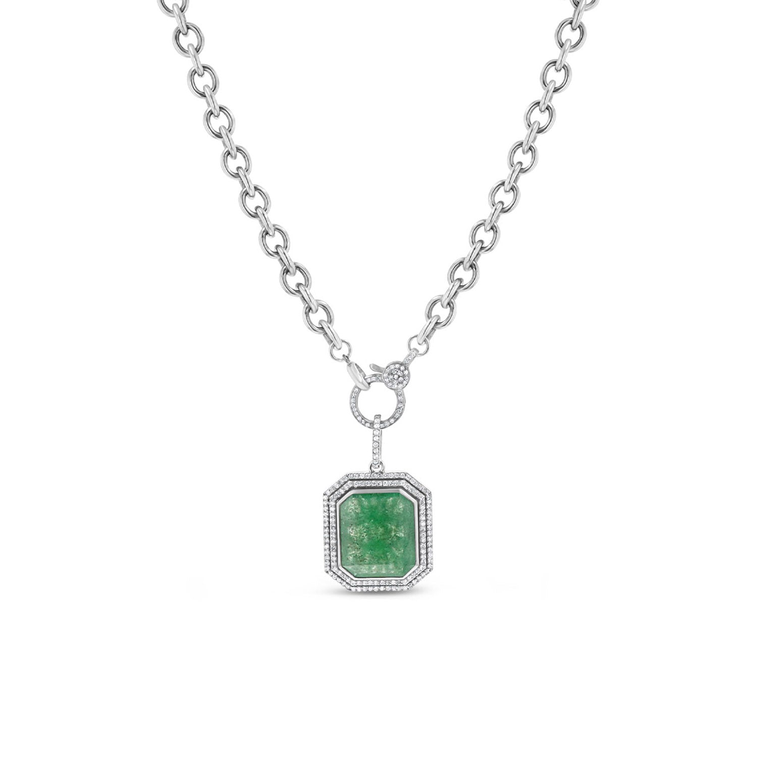 Green Quartz Double Diamond Halo Pendant on Cable Chain Necklace - 17"  N0003023 - TBird