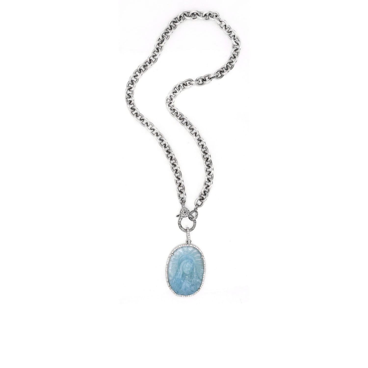 Aquamarine Madonna Diamond Halo Pendant Chain Necklace - 17"  N0003069 - TBird