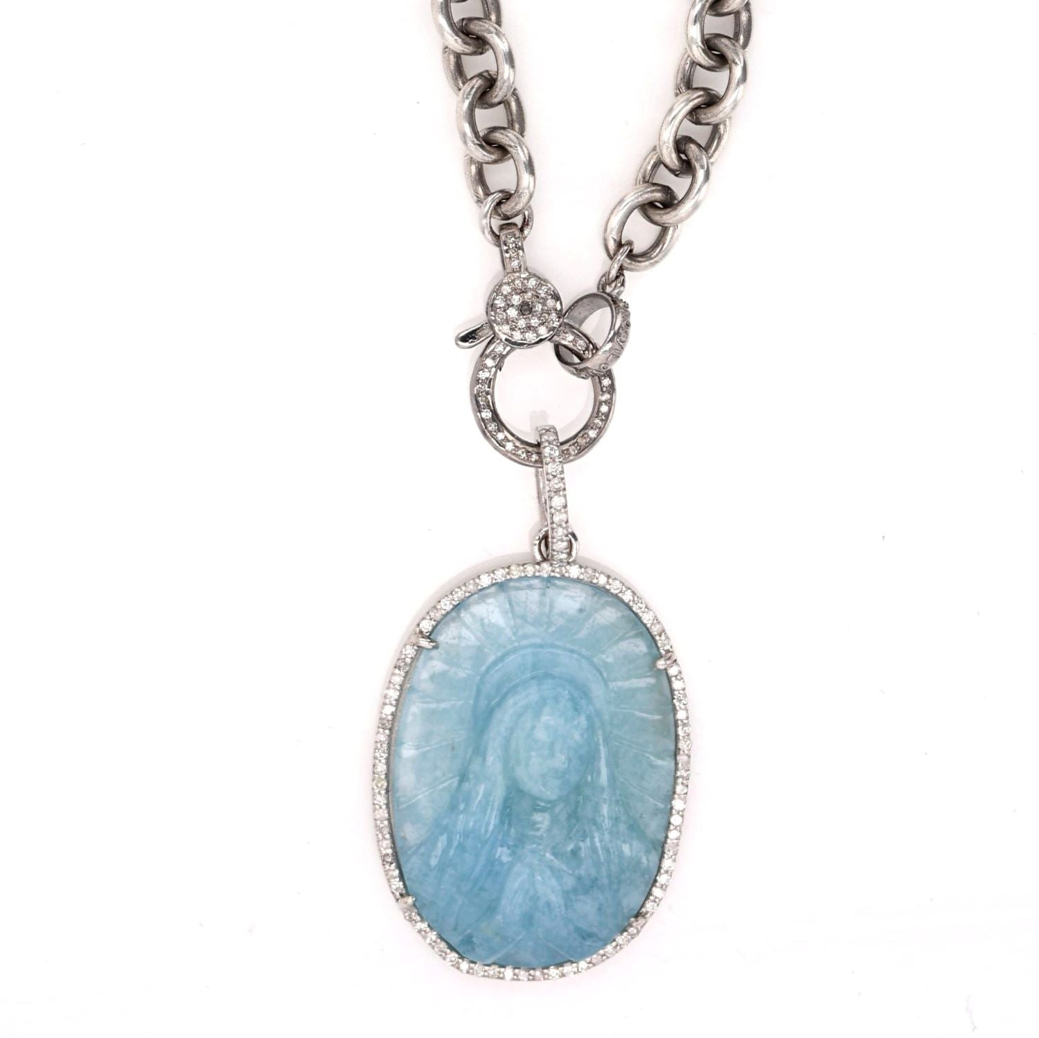 Aquamarine Madonna Diamond Halo Pendant Chain Necklace - 17"  N0003069 - TBird