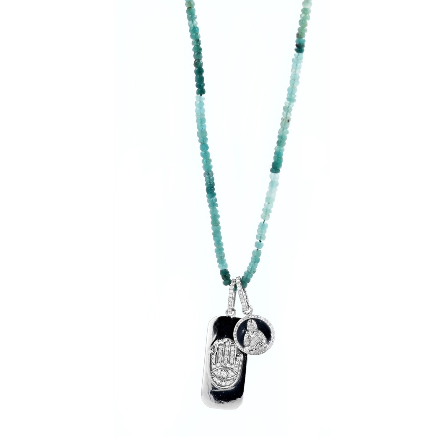 Hamsa Tag & Buddha Coin Pendants on Grandidierite Bead Necklace - 34"  N0003159 - TBird