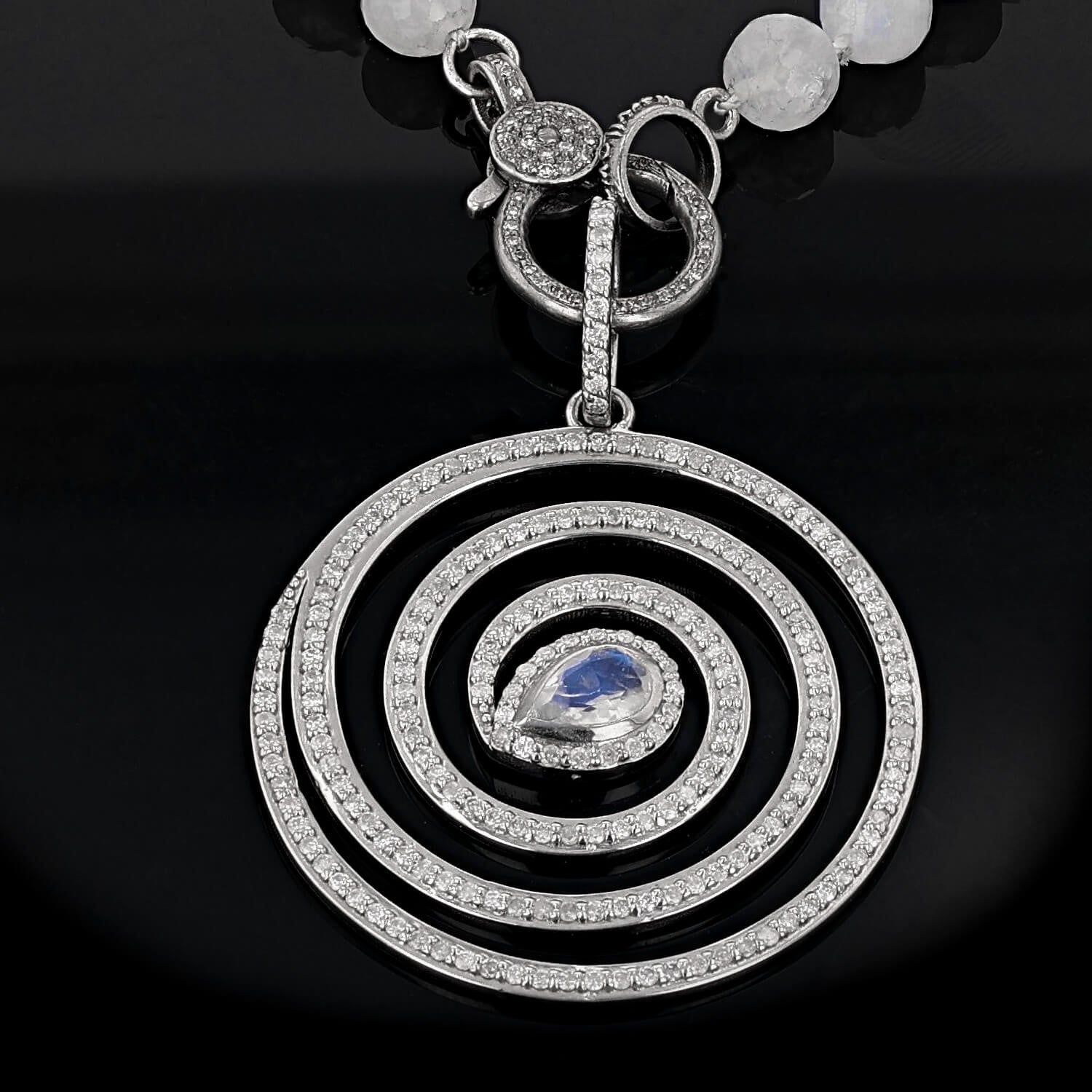 Diamond Open Waveform Spiral Moonstone Pendant on Rainbow Moonstone Necklace - 36"  N0003421 - TBird