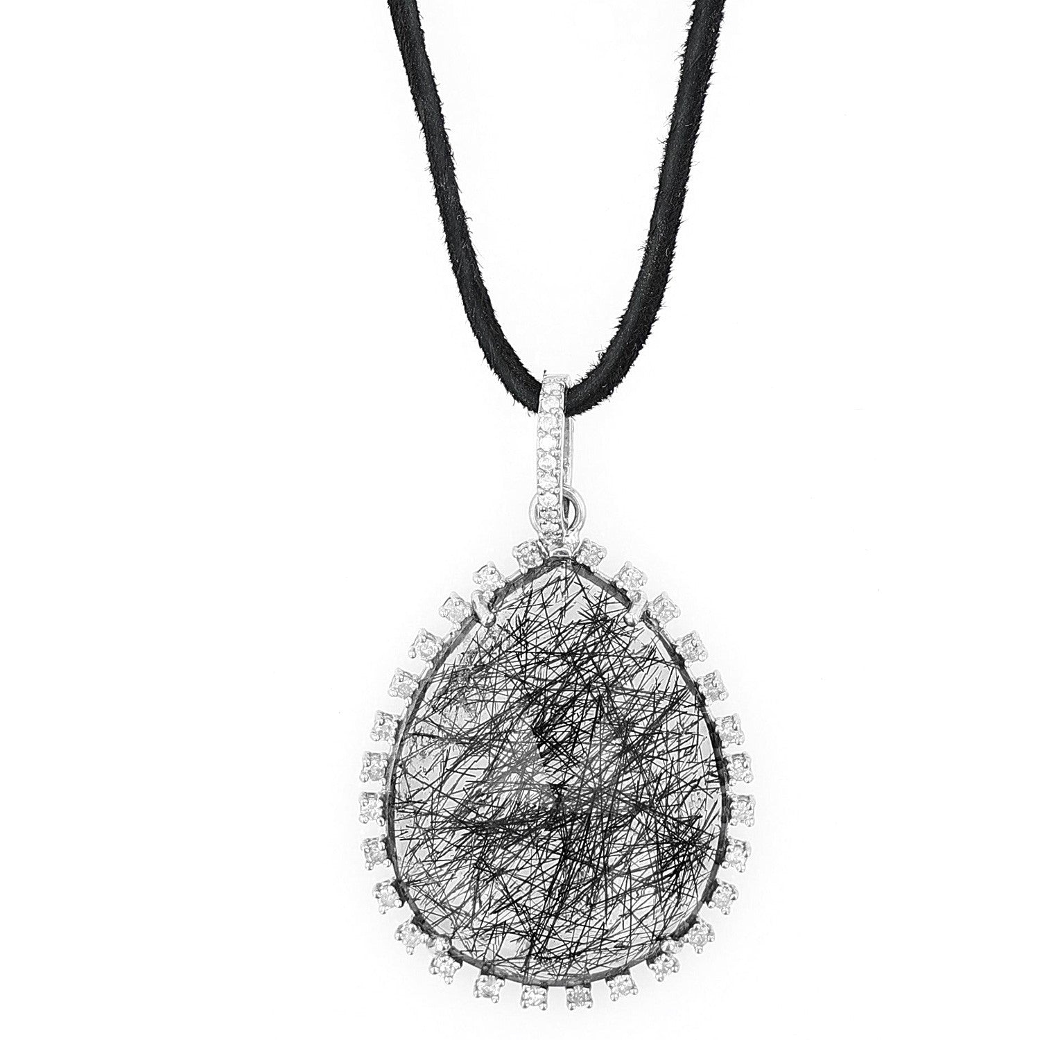 Rutilated Quartz Teardrop Pendant with Diamonds on Suede Cord Necklace  N0003431 - TBird