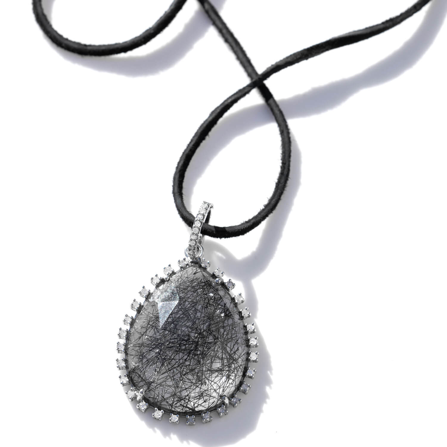 Rutilated Quartz Teardrop Pendant with Diamonds on Suede Cord Necklace  N0003431 - TBird