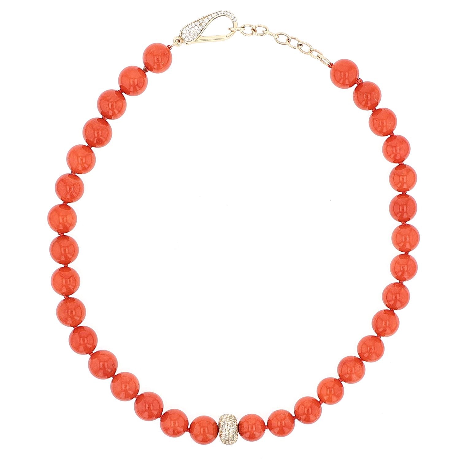 Italian Red Coral Bead Necklace with 14K Gold Pave Diamond Donut  NG002574 - TBird