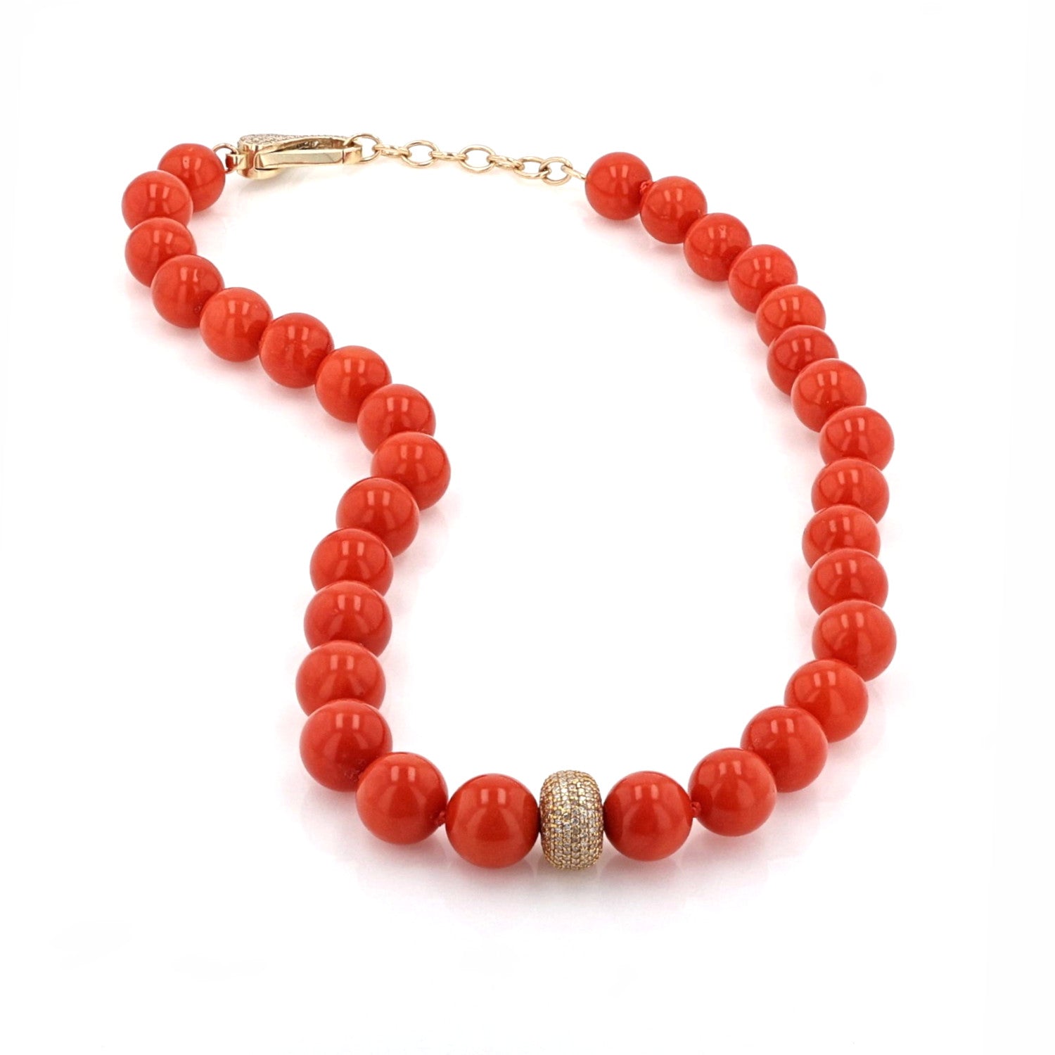 Italian Red Coral Bead Necklace with 14K Gold Pave Diamond Donut  NG002574 - TBird