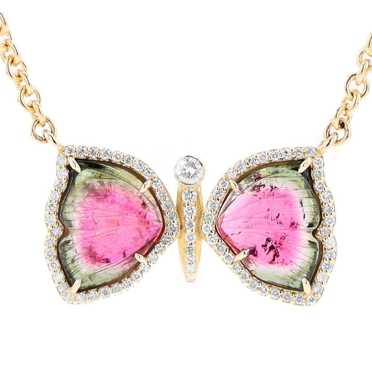 14K Watermelon Tourmaline Diamond Butterfly Chain Necklace -18"  NG002670 - TBird