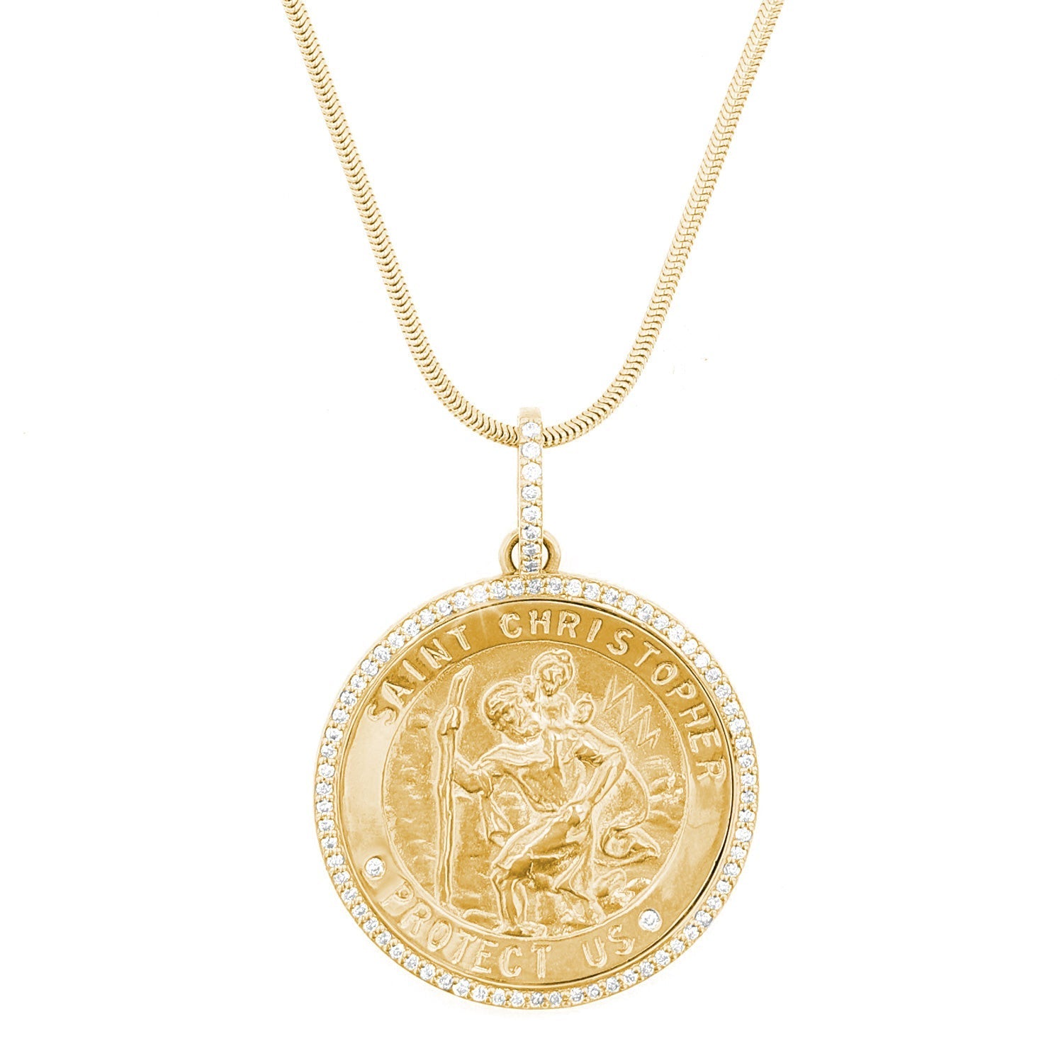 14K St. Christopher Protect Us Medallion with Diamond Halo on Snake Chain - 30"  NG002717 - TBird